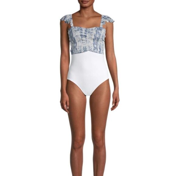 LA MODA CLOTHING Shirred Tie-Dye Cover-Up Crop Swim‎ Top, Blue/White, L/XL, NWT - Picture 3 of 4